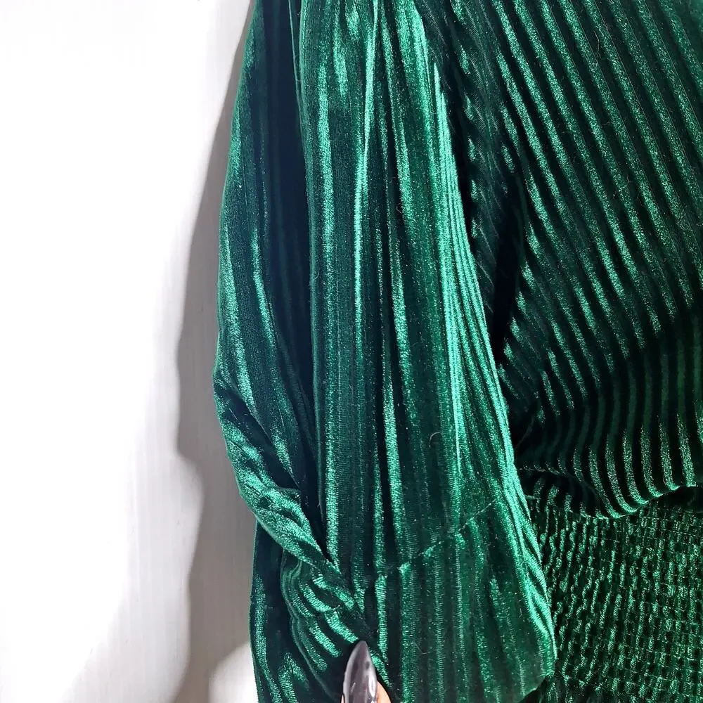 Velvet Smocked Maxi Dress 24W 3X Emerald Full Sweep Fall 40s Retro Pinup Fashion
